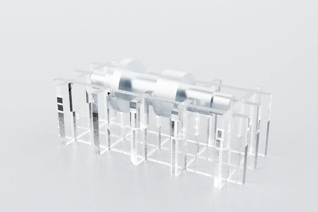 Rendu du modèle arbre à épaulements et de ses 8 plaques en PMMA transparent, configuration bac à nervures.